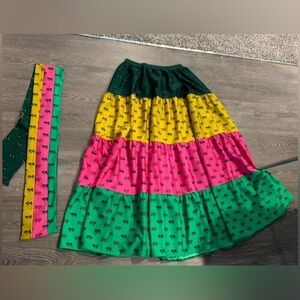 VTG Bohemian color block maxi skirt with matching head wrap/belt by Aileen Lg